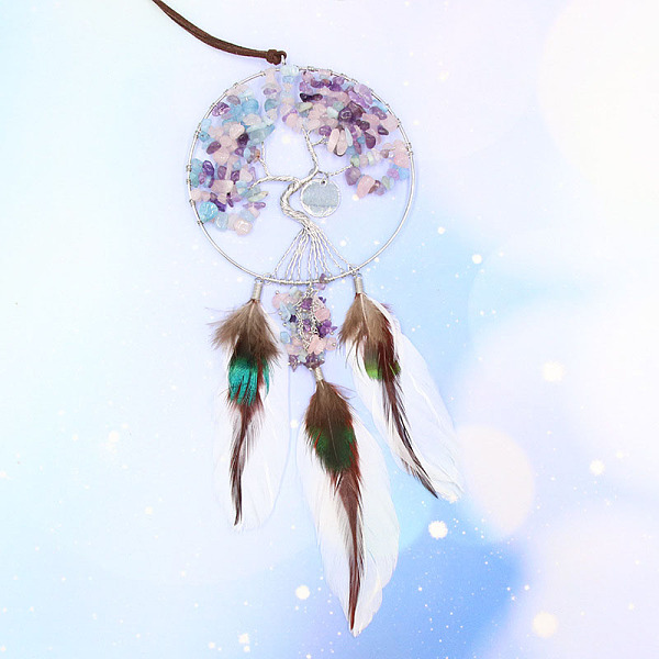 

PandaHall Woven Net/Web with Feather Gemstone Chips Pendant Decorations, with Wire Wrapped Flat Round with Tree of Life, for Home, Car..., Brown