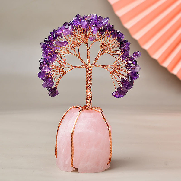 

PandaHall Natural Amethyst Chips Tree of Life Decorations, Rose Quartz Base with Copper Wire Feng Shui Energy Stone Gift for Home Office...