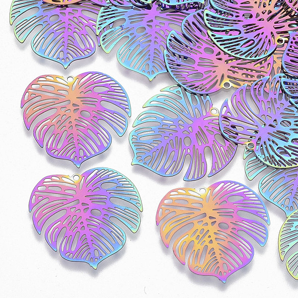 

PandaHall Ion Plating(IP) 201 Stainless Steel Filigree Pendants, Etched Metal Embellishments, Tropical Leaf Charms, Monstera Leaf, Rainbow...