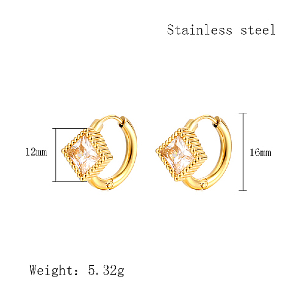 

PandaHall Cubic Zirconia Hoop Earrings, Real 18K Gold Plated 304 Stainless Steel Earrings, Rhombus, 16x12mm Cubic Zirconia Rhombus Clear