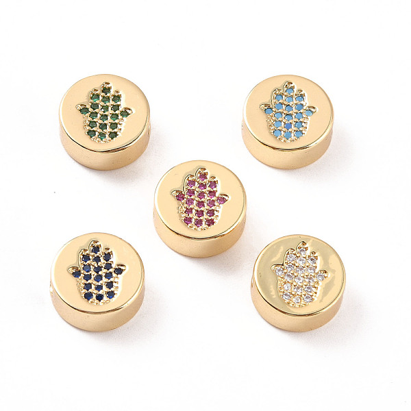 

PandaHall Rack Plating Brass Micro Pave Cubic Zirconia Beads, Cadmium Free & Lead Free, Real 18K Gold Plated, Flat Round with Palm Pattern..., Multicolor