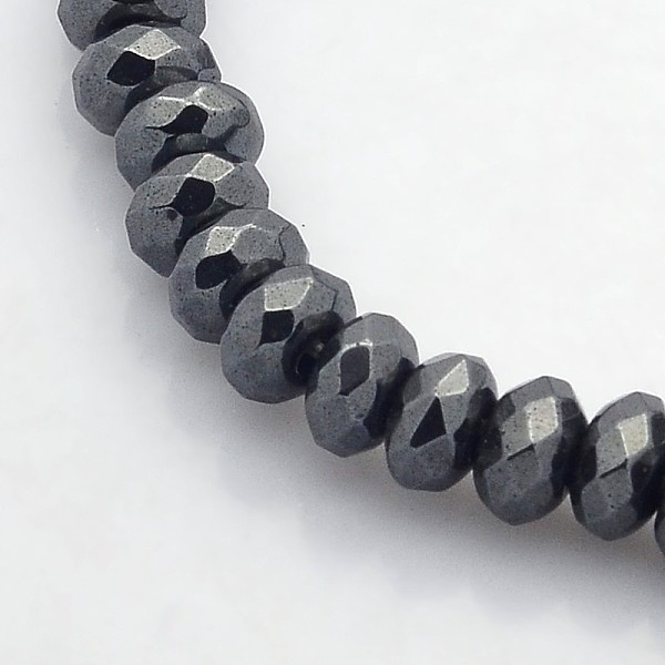 

PandaHall Electroplate Non-magnetic Synthetic Hematite Beads Strands, Faceted Rondelle, Black Plated, 6x4mm, Hole: 1mm, about 102pcs/strand...