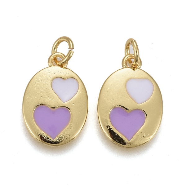 

PandaHall Brass Enamel Pendants, Long-Lasting Golden Plated, with Jump Rings, Flat Oval with Heart Pattern, Purple, 15x10x1.5mm, Hole...