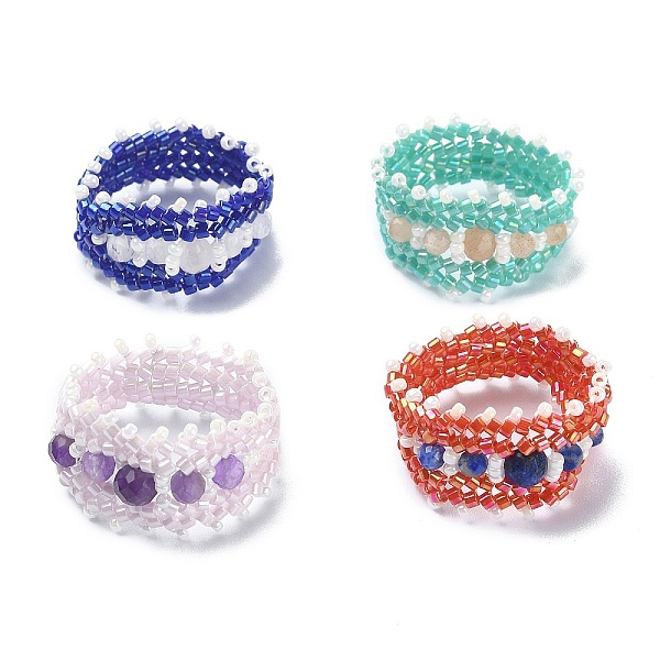 

PandaHall Glass Seed Bead Braided Rings, Natural Gemstone Stretch Rings for Women, Mixed Color, 9.5~13mm, Inner Diameter: 17~18mm Mixed..., Multicolor