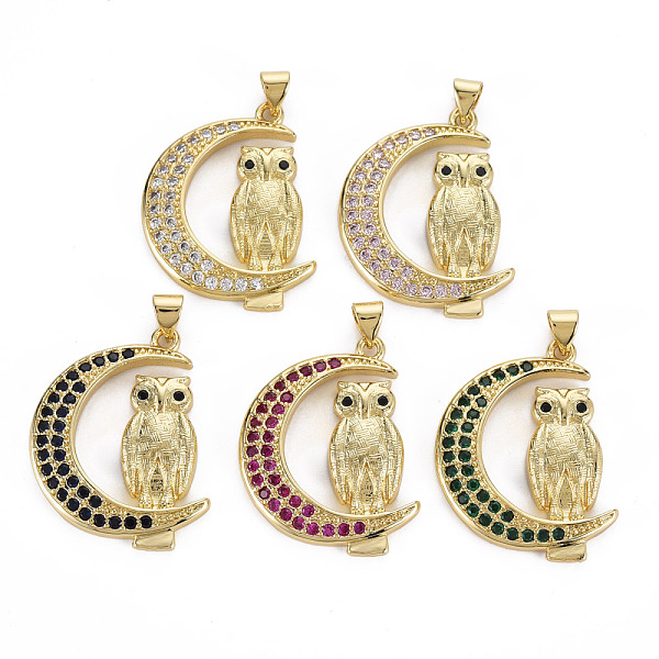 

PandaHall Brass Micro Pave Cubic Zirconia Pendants, Cadmium Free & Nickel Free & Lead Free, Real 16K Gold Plated, Moon with Owl, Mixed Color..., Multicolor