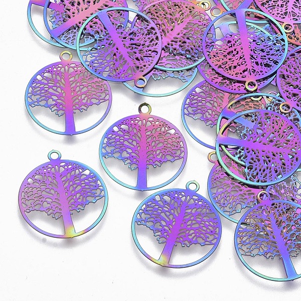 

PandaHall Ion Plating(IP) 201 Stainless Steel Filigree Pendants, Etched Metal Embellishments, Flat Round with Tree of Life, Rainbow Color...
