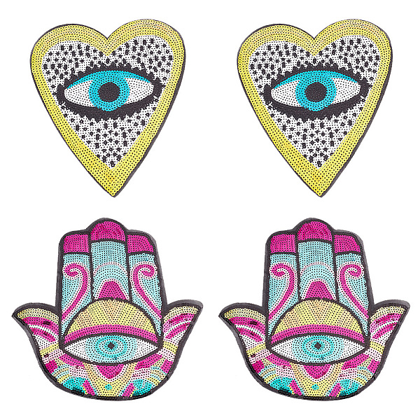 

PandaHall 4Pcs 2 Style Evil Eye Sequin Iron on/Sew on Patches, Glittered Appliques, for Garment Decoration, Heart & Hamsa Hand, Mixed Color..., Multicolor