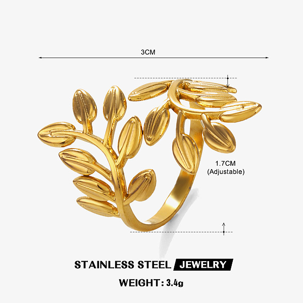 Fashionable Stainless Steel Leaf Ring For Female Personality Hip-hop Exaggerated Leaf Ring Opening Adjustment