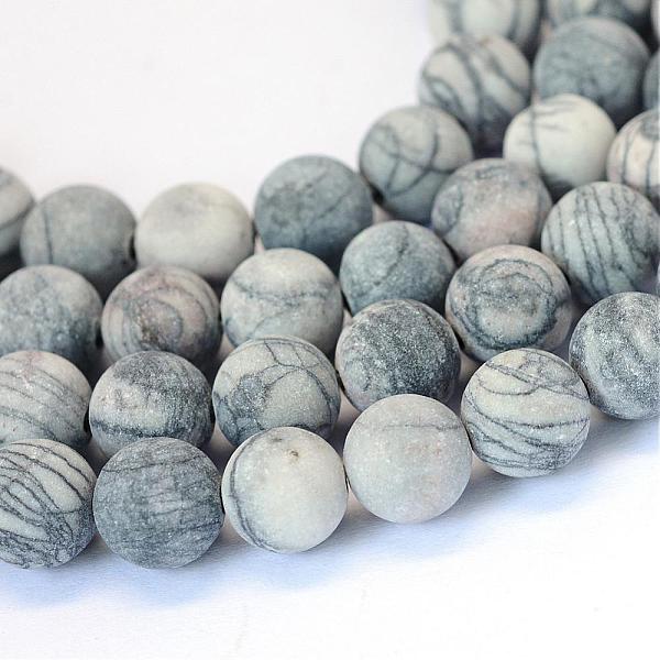 Frosted Natural Black Silk Stone/Netstone Round Bead Strands