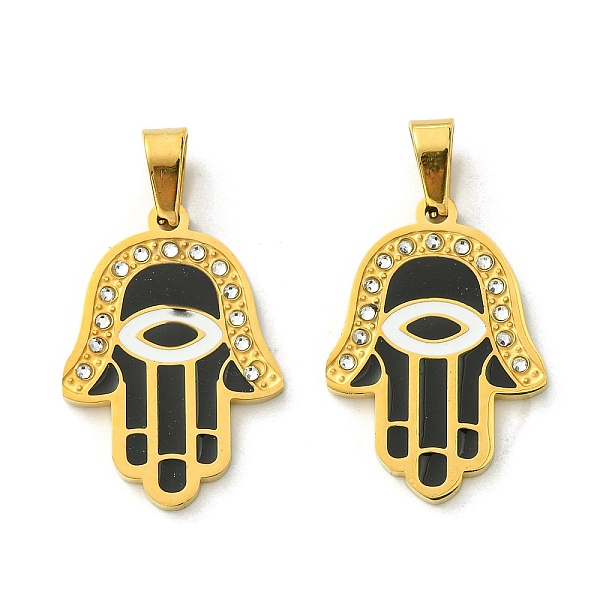 

PandaHall Ion Plating(IP) 304 Stainless Steel Pendants, with Enamel and Rhinestone, Real 18K Gold Plated, Hamsa Hand with Eye Charm, Black...
