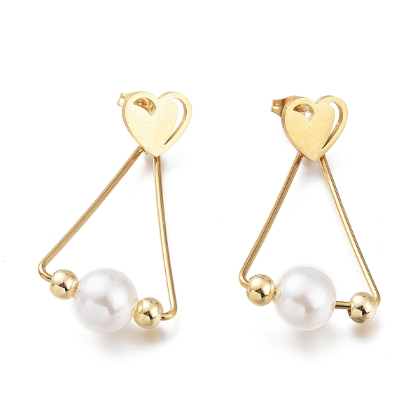 

PandaHall 304 Stainless Steel Dangle Stud Earrings, with Plastic Beads and Ear Nuts, Heart with Triangle, Golden, 47mm, Pin: 0.7mm 304..., White