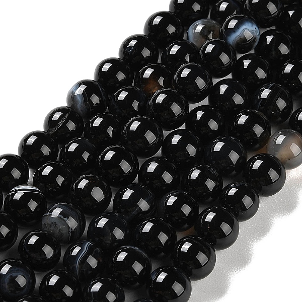

PandaHall Natural Striped Agate/Banded Agate Beads Strands, Dyed, Round, Black, 8mm, Hole: 1.2mm, about 24pcs/strand, 7.48''(19cm) Banded...