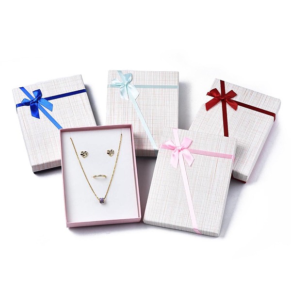 

PandaHall Cardboard Jewelry Set Box, with Bowknot Ribbon Outside and White Sponge Inside, Rectangle with Tartan Pattern, Mixed Color..., Multicolor