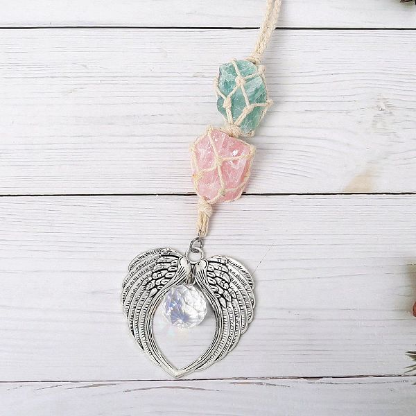 

PandaHall Natural Rose Quartz & Natural Green Aventurine Nugget Cotton Rope Macrame Pendant Decorations, with Alloy Wing, Glass Sun...