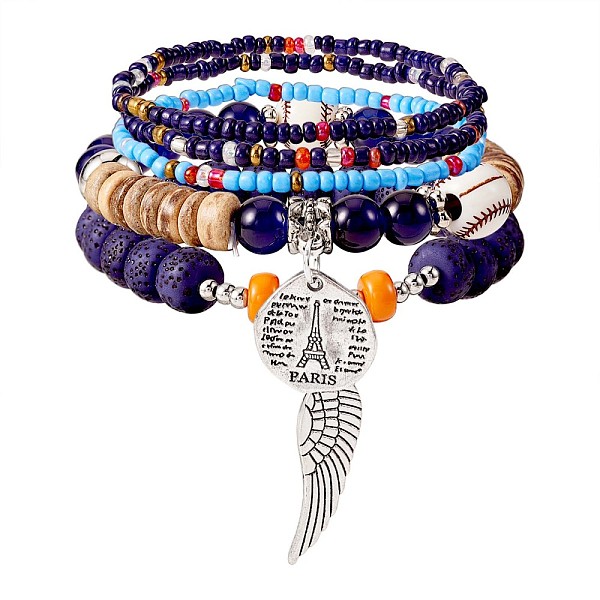 

PandaHall 5Pcs 5 Style Wood & Glass Seed & Acrylic Beaded Stretch Bracelets Set with Baseball, Bohemian Stackable Bracelets with Alloy Wings...