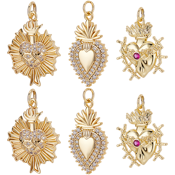 

PandaHall Beebeecraft 6Pcs/Box 3 Style Sacred Heart Charms 18K Gold Plated Brass Valentine's Day Heart Charms with Cubic Zirconia for..., Clear