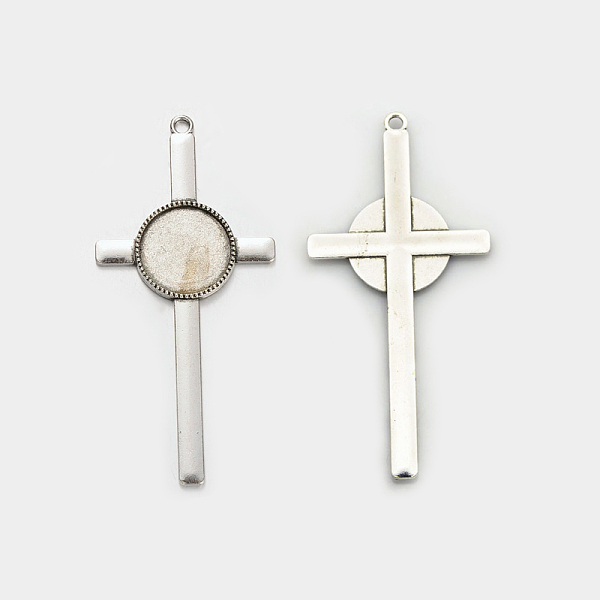 

PandaHall Tibetan Style Alloy Cross Pendant Cabochon Settings, Antique Silver, Flat Round Tray: 20mm, 83x40x3mm, Hole: 3mm, about 125pcs/kg...