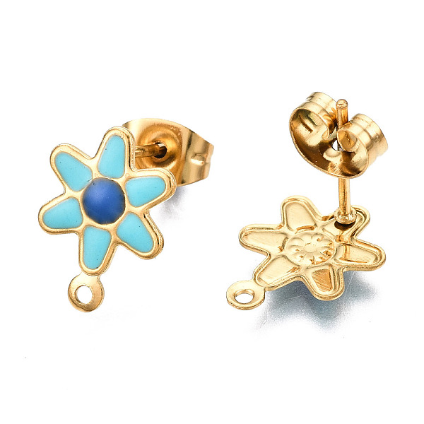 

PandaHall 304 Stainless Steel Enamel Stud Earring Findings, with Loop and Ear Nuts/Earring Backs, Flower, Deep Sky Blue, 12.5x9mm, Hole: 1mm...
