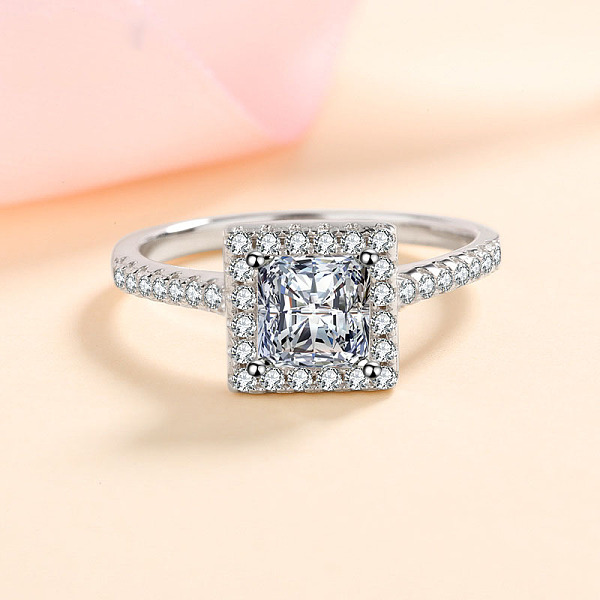 Square Rhodium Plated 925 Sterling Silver Pave 6.5x3.9mm Moissanite Finger Rings for Women