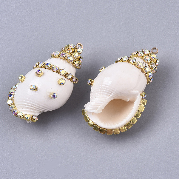 

PandaHall Natural Conch Shell Pendants, with Brass Rhinestone Cup Chains and Iron Loops, Golden, Seashell Color, 33~40x20~23.5x16.5~19mm...