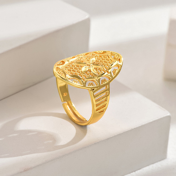 

PandaHall European Style Wheat Lucky Adjustable Cuff Ring, Brass Hollow Oval Wedding Jewelry for Women, Real 18K Gold Plated Brass