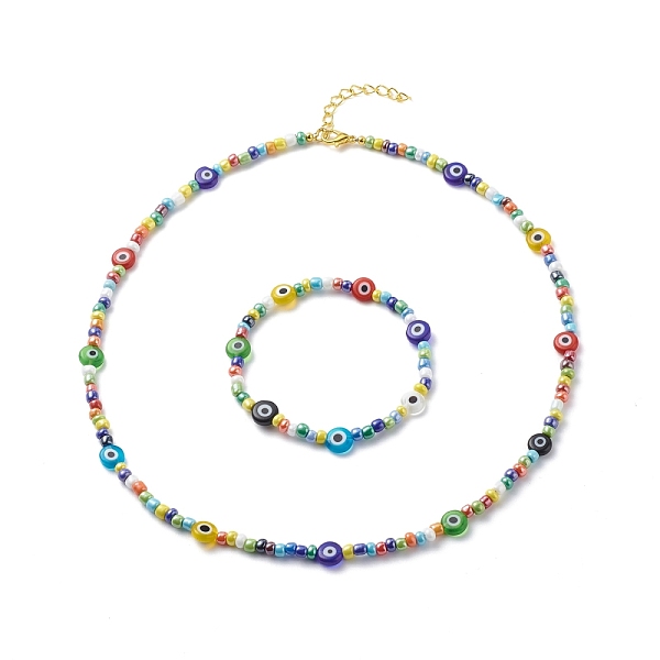 

PandaHall Lampwork Evil Eye & Glass Seed Beaded Necklace Stretch Bracelet, Jewelry Set for Women, Colorful, Inner Diameter: 2 inch(5cm)...