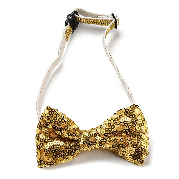 

PandaHall Adjustable Cat Dog Bowknot Collars, Sequin/Paillette Beaded Pet's Bow Tie, Pet Bowknot Necktie, Gold, 190~350mm Cloth Gold