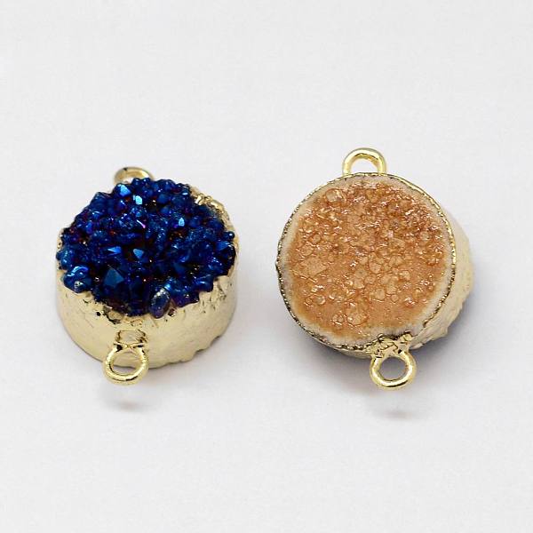 

PandaHall Electroplated Natural & Dyed Druzy Agate Links connectors, with Golden Plated Brass Findings, Flat Round, Dark Blue...