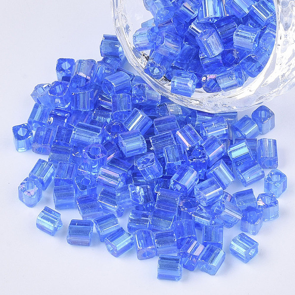 

PandaHall 6/0 Glass Seed Beads, Transparent Colours Rainbow, Square Hole, Cube, Dodger Blue, 6/0, 3~5x3~4x3~4mm, Hole: 1.2~1.4mm, about...