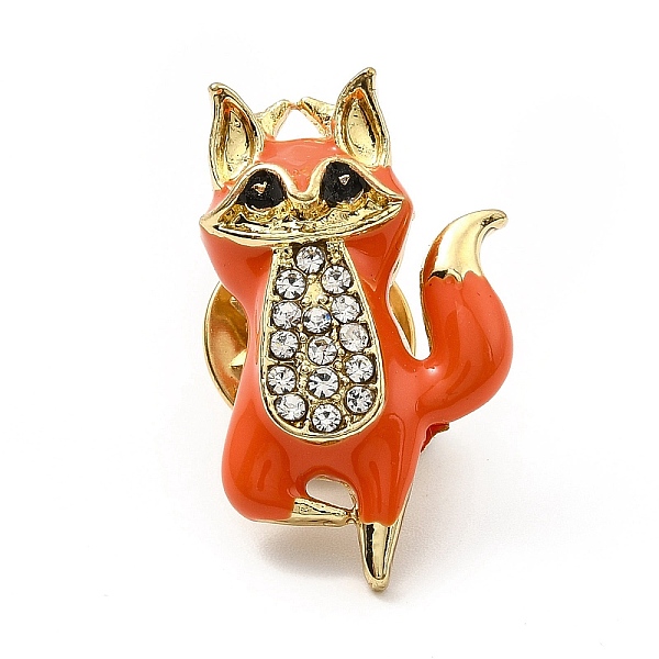 PandaHall Fox Enamel Pin with Rhinestone, Golden Alloy Creative Badge for Backpack Clothes, Orange Red, 27x16x7.5mm, Pin: 1.2mm Alloy+Enamel