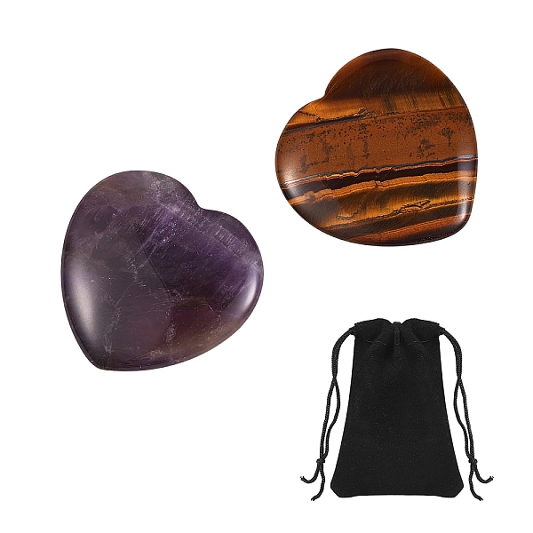 

PandaHall 2Pcs 2 Style Heart Natural Mixed Gemstone Massage, with 1Pc Velvet Cloth Drawstring Bags, 39~40x39.5~40x7~8mm, 1pc/style Mixed...