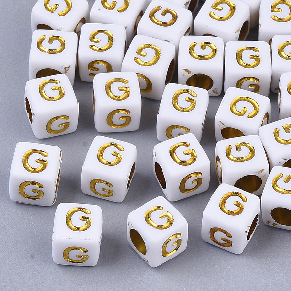 

PandaHall Plating Acrylic Beads, Horizontal Hole, Golden Metal Enlaced, Alphabet Style, Cube, Letter.G, 5.5~6x5.5~6x5.5~6mm, Hole: 3.5mm..., Gold