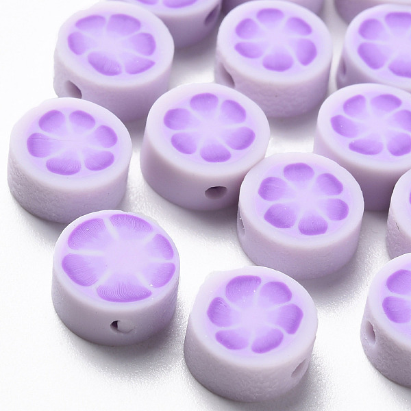 

PandaHall Handmade Polymer Clay Beads, Flat Round with Flower, Lilac, 9~10x4~5mm, Hole: 1.4mm Polymer Clay Flat Round Purple