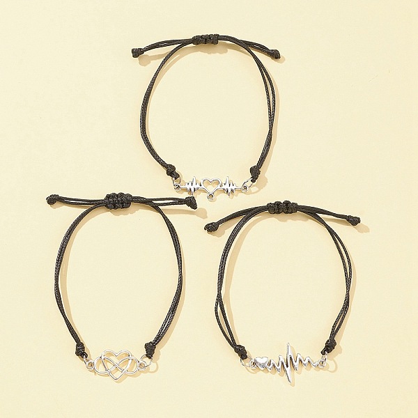 

PandaHall 3Pcs 3 Styles Heart Beat & Infinity Alloy Link Bracelets Set, Waxed Polyester Adjustable Stackable Bracelets for Valentine's Day..., Black