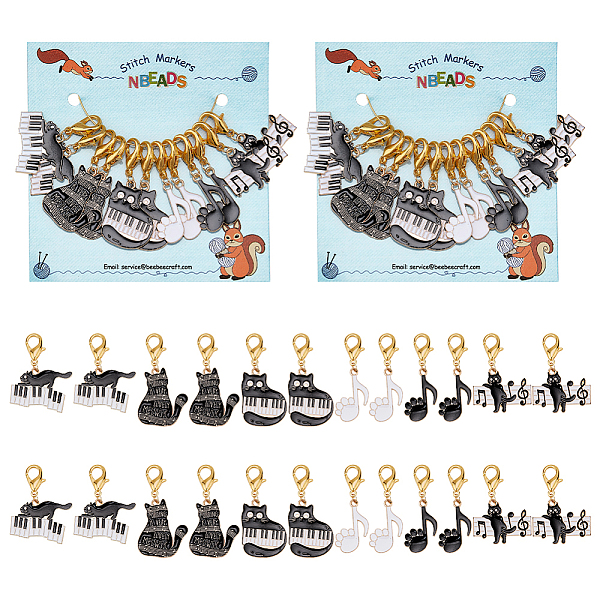 PandaHall Alloy Enamel Pendant Locking Stitch Markers, Zinc Alloy Lobster Claw Clasps Stitch Marker, Musical Note/Cat with Music Scores/Cat...