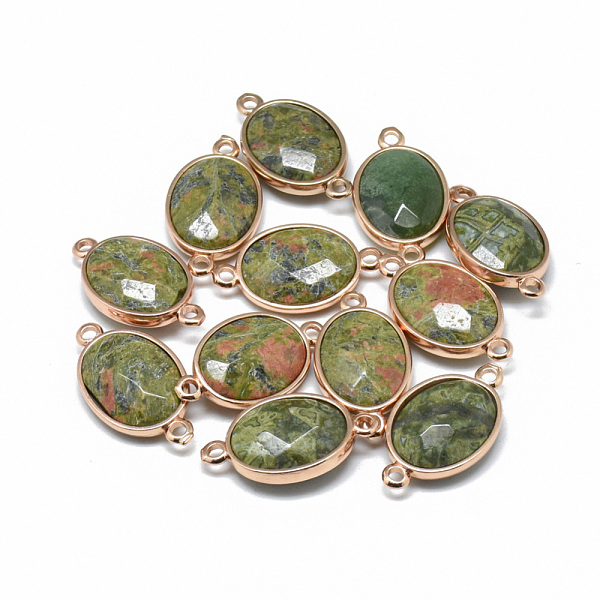

PandaHall Natural Unakite Links connectors, with Golden Tone Brass Findings, Faceted, Oval, 25x14x6~7mm, Hole: 2mm Unakite Oval
