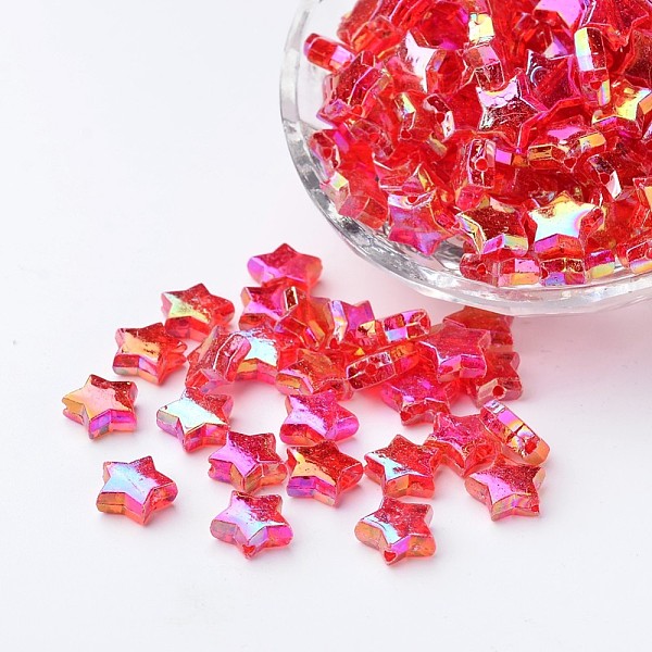 

PandaHall Eco-Friendly Transparent Acrylic Beads, Star, Red, AB Color, about 10mm in diameter, 4mm thick, hole:1.5mm Acrylic Star Red