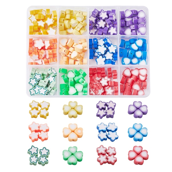 PandaHall 240Pcs 12 Style Handmade Polymer Clay Beads, for DIY Jewelry Crafts Supplies, Heart & Star, Mixed Color, 8.5~11x9~11x4~5mm, Hole...