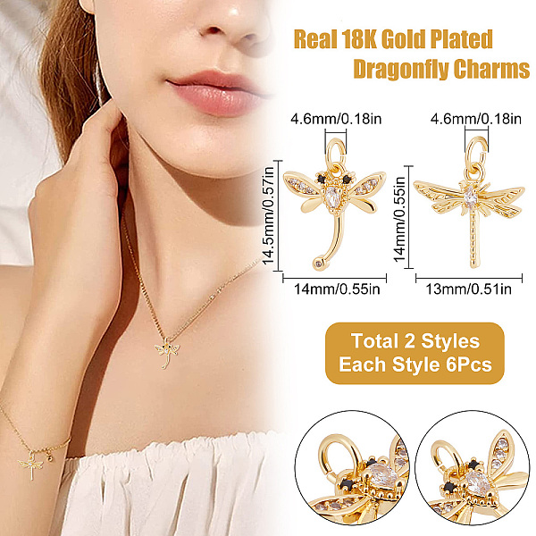 

PandaHall Beebeecraft 12Pcs/Box 2 Style Dragonfly Charms 18K Gold Plated Brass Flying Animal Charms with Clear Cubic Zirconia Insect Animal...