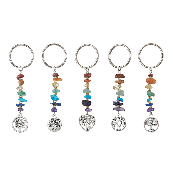 

PandaHall Chakra Natural Gemstone Chips Keychains, Alloy Flat Round/Heart with Tree of Life Pendant Keychains, Antique Silver, 8.5cm Mixed...