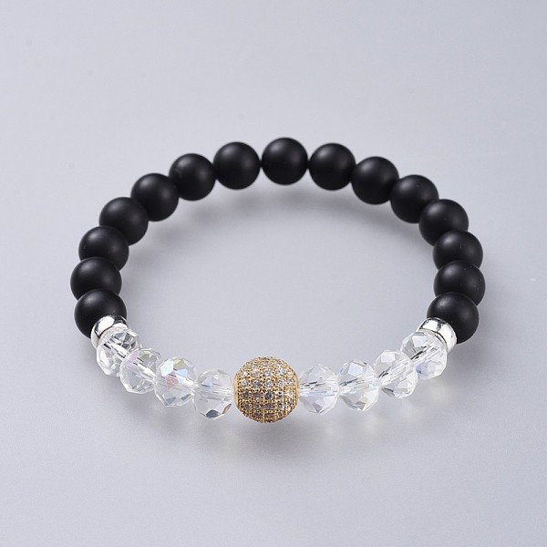 

PandaHall Natural Black Agate(Dyed) Stretch Bracelets, with Faceted Glass Beads and Rack Plating Brass Cubic Zirconia Beads, Golden, 2-1/8..., Multicolor