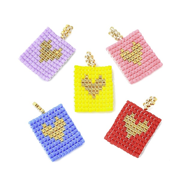 

PandaHall Handmade MIYUKI Japanese Seed Loom Pattern Seed Beads, Rectangle with Heart Pendants, Mixed Color, 25~25.5x16x2mm, Hole: 2.5mm..., Multicolor