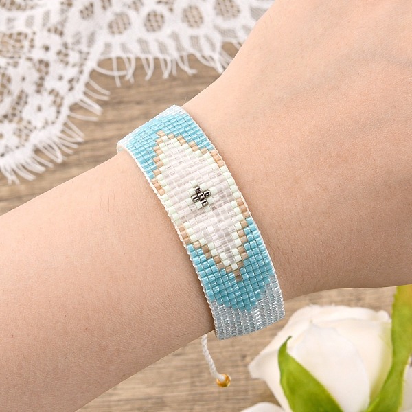 

PandaHall Friendship Rhombus Loom Pattern Seed Beads Bracelets for Women, Adjustable Nylon Cord Braided Bead Bracelets, Light Blue, 11 inch...