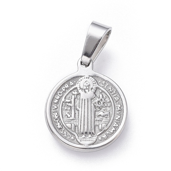 PandaHall 304 Stainless Steel Pendants, Religion, Flat Round with Saint Benedict, Stainless Steel Color, 15x12x1.5mm, Hole: 5x3mm 304...