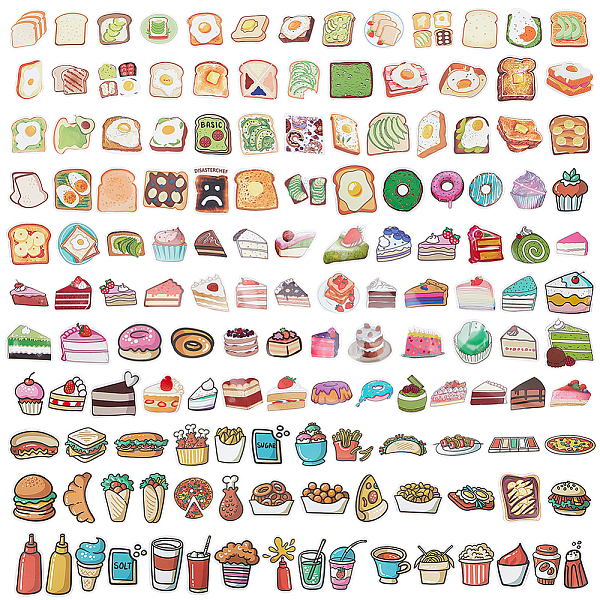 PandaHall PH 144pcs Food Theme Stickers, 3 Series Self-Adhesive Stickers with Cake Bread Hamburger Waterproof Laptop Decals for Water...