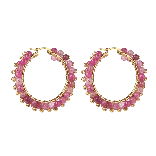 

PandaHall Natural Agate Beaded Hoop Earrings, 304 Stainless Steel Wire Wrap Jewelry for Women, Golden, Hot Pink, 43x43.5x9mm, Pin: 1.1x0.6mm...