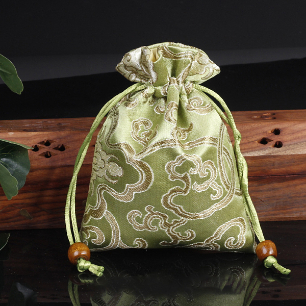 

PandaHall Chinese Style Flower Pattern Satin Jewelry Packing Pouches, Drawstring Gift Bags, Rectangle, Yellow Green, 14x11cm Cloth Rectangle