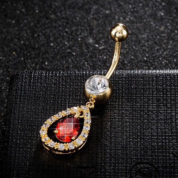 

PandaHall Piercing Jewelry, Brass Cubic Zirconia Navel Ring, Belly Rings, with 304 Stainless Steel Bar, Cadmium Free & Lead Free, Real 18K..., Red