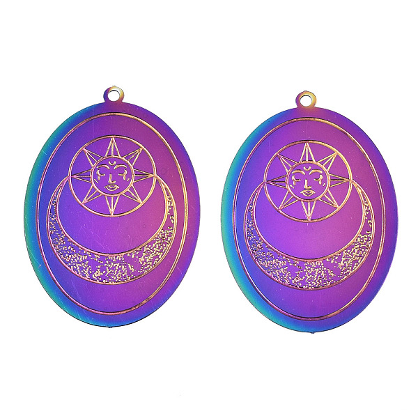 

PandaHall Ion Plating(IP) 304 Stainless Steel Filigree Pendants, Etched Metal Embellishments, Oval with Moon & Sun, Rainbow Color...