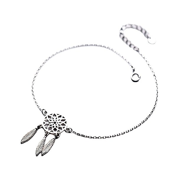

PandaHall Brass Link Bracelets, Woven Net/Web with Feather, Platinum Brass